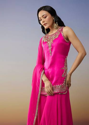 Pink Satin Palazzo Suit with Beads Sequins Work