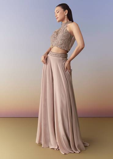 Pink Sequin Embellished Crop Top Palazzo Set