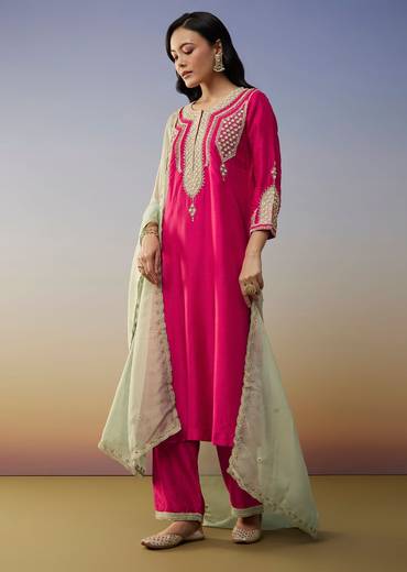 Pink Silk Anarkali Suits with Moti and Sequins Work