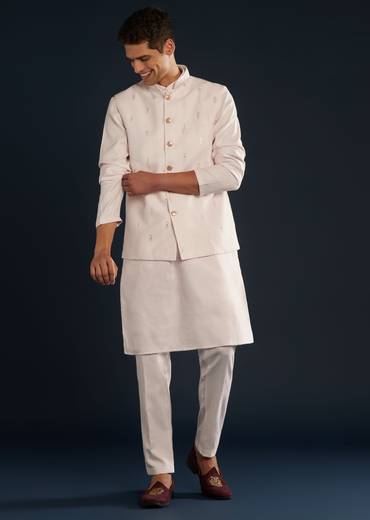 Pink Silk Jacket Kurta Set With Resham Sequins Work