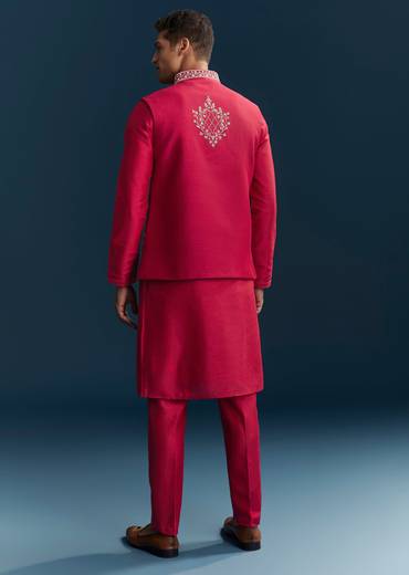 Pink Silk Kurta Jacket Set With Thread Detail Work