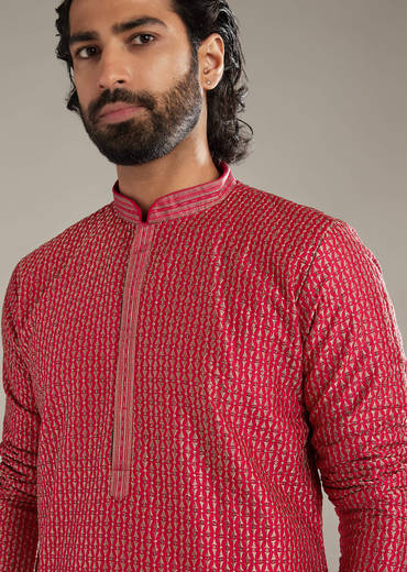 Pink Silk Kurta Set For Men With Floral Print