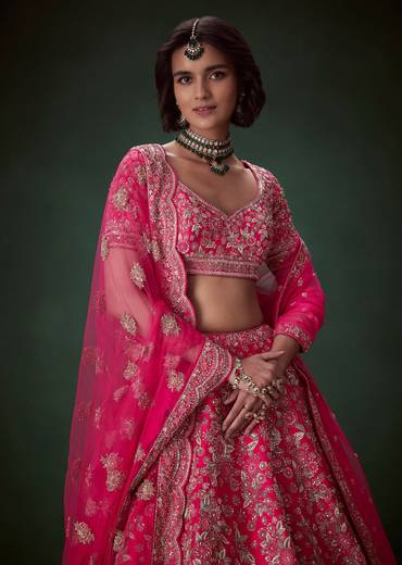 Pink Silk Zari Embroidered Bridal Lehenga Set