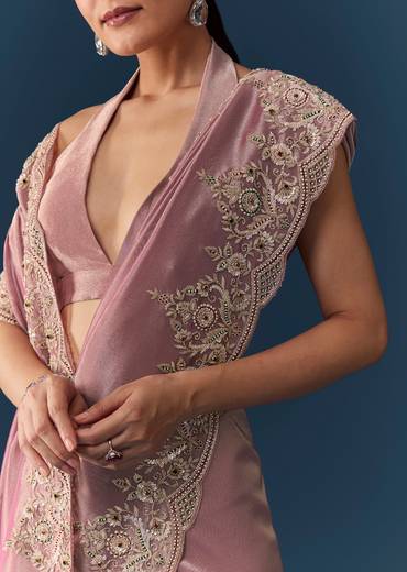 Pink Tissue Silk Embroidered Saree with Blouse Fabric