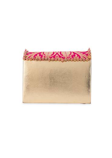 Pink Zari and Kundan Brocade Rectangular Flap Bag