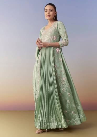 Pista Green Anarkali Set with Front Pleats