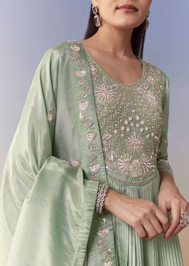Pista Green Anarkali Set with Front Pleats