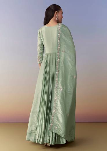 Pista Green Anarkali Set with Front Pleats