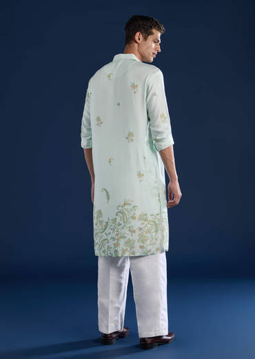 Pista Green Printed Mens Kurta and Pant Set