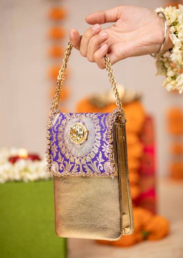 Purple and Gold Kundan Embellished Flap Bag