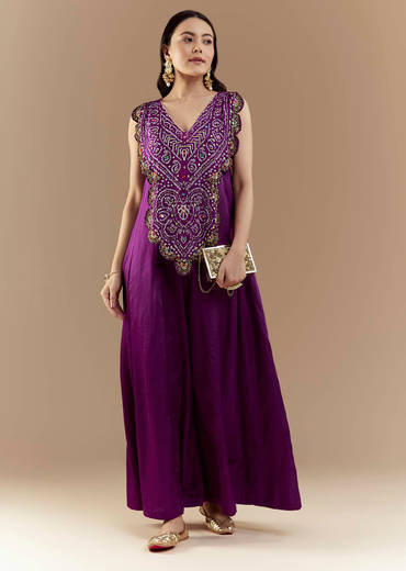 Purple Bandhani with Sequins Work Silk Jumpsuit