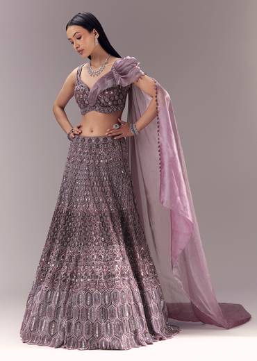 Purple Draped Blouse with Embellished Lehenga