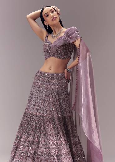 Purple Draped Blouse with Embellished Lehenga