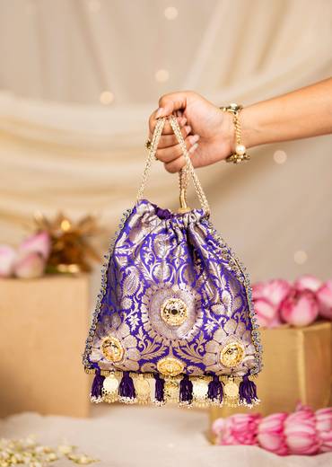 Purple Floral Motif Kundan Embellished Potli Bag