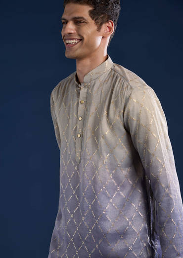Purple Foil Print Mens Kurta and Pant Set