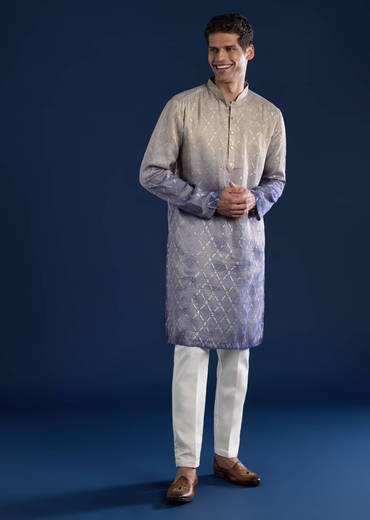 Purple Foil Print Mens Kurta and Pant Set