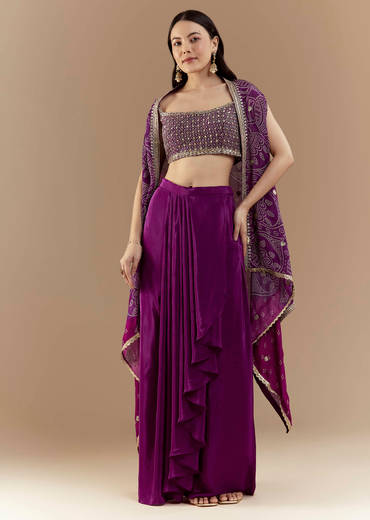 Purple Fusion Crop Top Skirt Set with Bandhani Cape