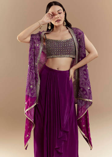Purple Fusion Crop Top Skirt Set with Bandhani Cape