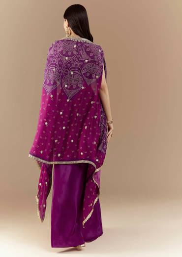 Purple Fusion Crop Top Skirt Set with Bandhani Cape