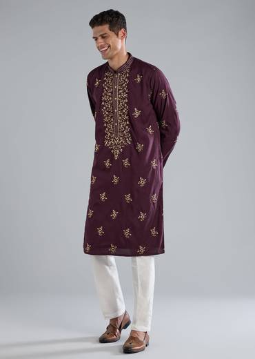 Purple Kurta Set With Thread And Resham Detailing