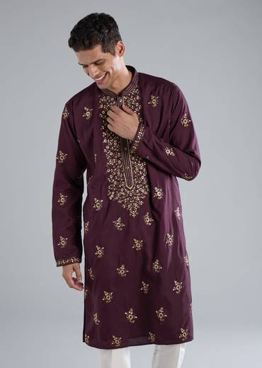 Purple Kurta Set With Thread And Resham Detailing