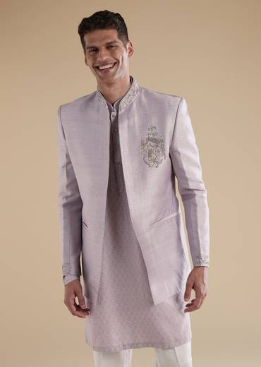 Purple Lilac Jacquard Indowestern With French Knot Cut Dana Work