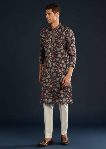 Purple Mens Floral Print Silk Kurta Set with Sequin Work