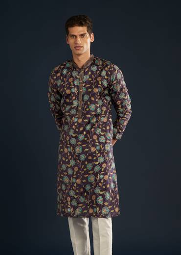Purple Mens Floral Print Silk Kurta Set with Sequin Work