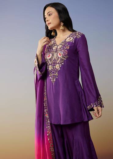 Purple Ombre Satin Palazzo Suits with Zardosi Sequins Work