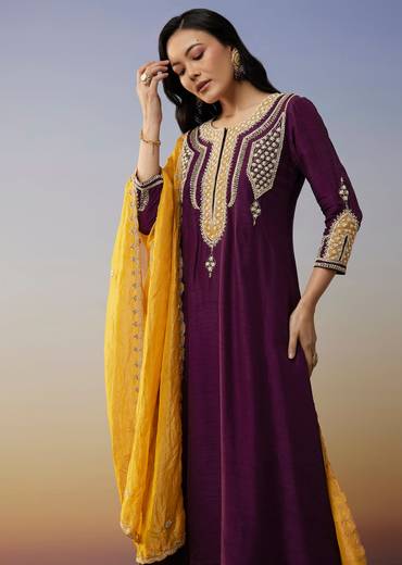 Purple Silk Anarkali Suits with Moti and Sequins Work