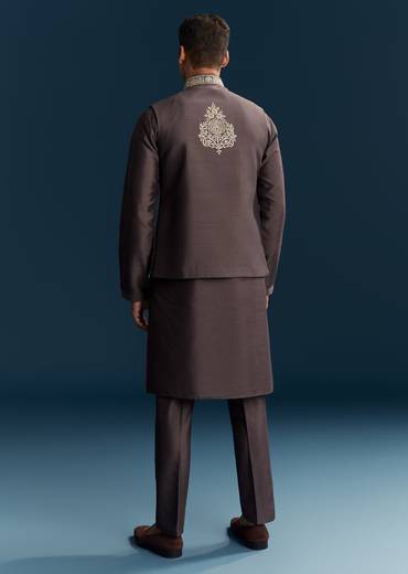 Purple Silk Kurta Jacket Set With Thread Detail Work