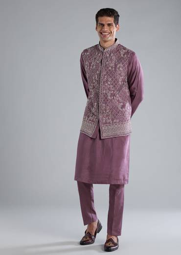 Purple Silk Kurta Jacket Set With Zari Mirror Work