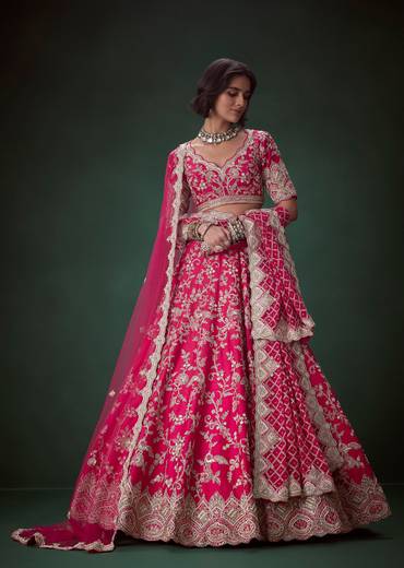 Rani Pink Silk Embroidered Bridal Lehenga Set with Scallop Dupatta