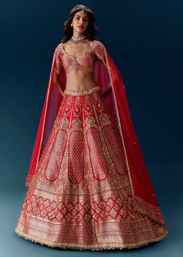 Red Banarasi Embroidered Bridal Lehenga And  Dupattas