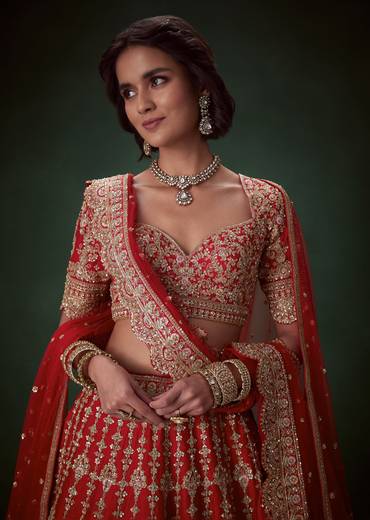Red Bead Embellished Bridal Lehenga Set