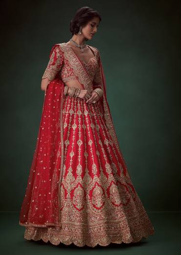 Red Bead Embellished Bridal Lehenga Set