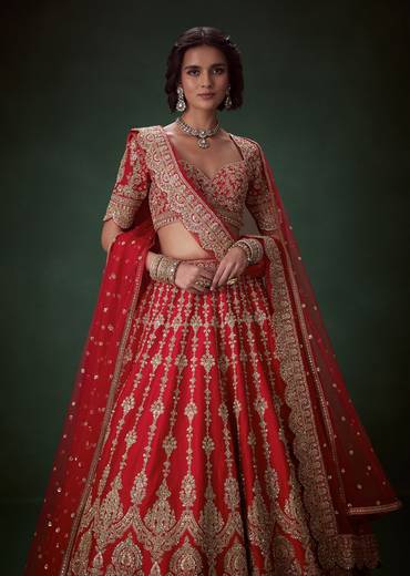 Red Bead Embellished Bridal Lehenga Set