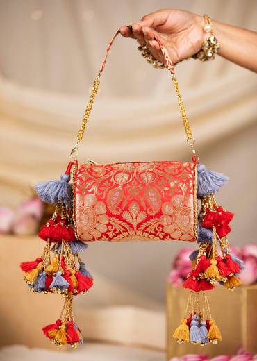 Red Brocade Floral Motif Bag with Tassel