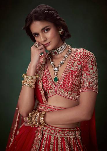 Red Embellished Satin Bridal Lehenga Set with Belt