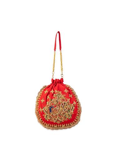 Red Embroidered Motif Potli Bag in Silk