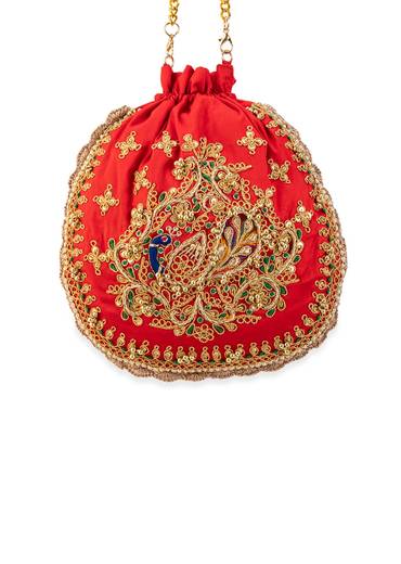 Red Embroidered Motif Potli Bag in Silk