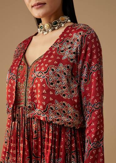 Red Hand Dyed Ajrakh Gown with Jacket and Scarf