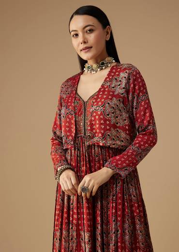 Red Hand Dyed Ajrakh Gown with Jacket and Scarf