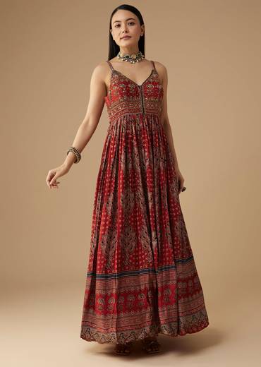 Red Hand Dyed Ajrakh Gown with Jacket and Scarf