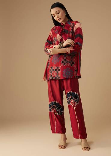 Red Hand Dyed Ajrakh Tunic and Pant Set
