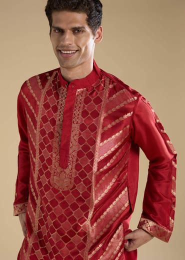 Red Handwoven Jacquard Silk Mens Kurta Set