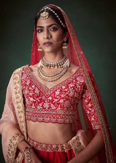 Red Heavy Butti Embellished Bridal Lehenga Set