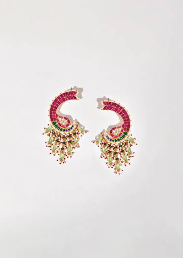 Red Kundan Ear Cuff Bead Drop Danglers