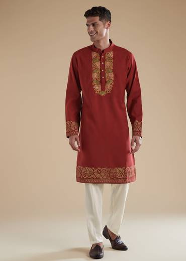 Red Kurta Set With Resham Thread Work
