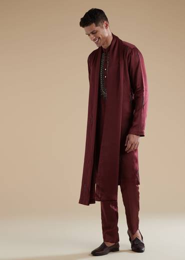Red Maroon Silk Kurta Set With Metal Stone Detail